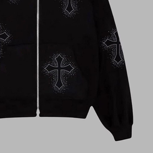 <b>Black</b> Winter 100% Cotton Casual Oversized <b>Zip</b>-<b>Up</b> <b>Hoodie</b> with Letter Pattern 500gsm Unisex Custom Embroidery - Product Image 3