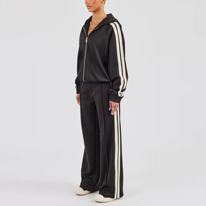 Ensemble de survêtement pour femme, pull et pantalon large, ensemble deux pièces pour femmes, survêtement en tricot à capuche avec fermeture éclair - Product Image 5