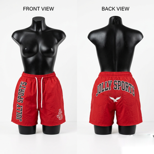 Shorts coupe-vent en polyester léger 110 GSM de qualité supérieure, couleur rouge, logo imprimé en relief, taille élastique avec cordon de serrage, pour femmes - Product Image 3