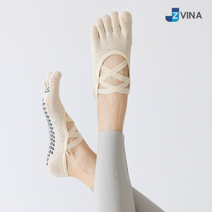 <b>Custom</b> 5 Toe Low Cut Pilates <b>Grip</b> <b>Socks</b> Non Slip Yoga Barre Dance <b>Socks</b> with Cross Straps Manufacturer - Product Image 3
