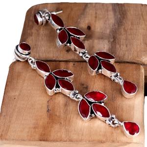 Pendientes Largos de Latón Oxidado con Baño de Plata y Engaste de Bisel, Piedra Roja, Diseño de Hoja de Campana, Estilo Bohemio Étnico para Boda, para Mujer - Product Image 3