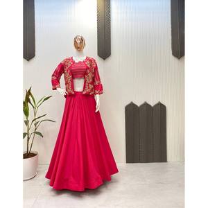 Designer A-Line Lehenga Choli and Koti for Party Wear Natural Waistline <b>Spaghetti</b> <b>Strap</b> Crop Top - Product Image 3