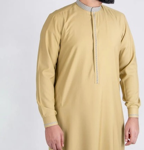 Thobe blanc pour homme à manches longues, col montant, en coton, longueur ras du sol, tenue de prière modeste, style Moyen-Orient, toutes saisons - Product Image 5