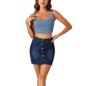 Women's Denim Tank <b>Top</b> Square Neck Sleeveless <b>Crop</b> <b>Top</b> With <b>Rhinestones</b> Button Front Mini Casual Summer Outfit <b>Tops</b> - Product Image 1