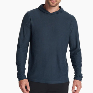 Custom High Quality Men's Dark Blue Long Sleeve Hooded Fishing Shirt Quick Dry UPF 50 Solid Color Pullover <b>Top</b> - Product Image 1