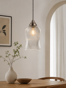 <b>Modern</b> <b>LED</b> Bell Pendant <b>Light</b> with Ribbed Shade and Brushed Metal Finish Middle Size for Kitchen <b>Ceiling</b> Installation - Product Image 5