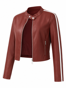 Blouson court en similicuir rouge bordeaux pour femme, style motard, col montant, poches zippées, rayures contrastées, vêtement d'extérieur décontracté et tendance, vente en gros - Product Image 1