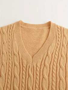 Men's Mustard <b>Yellow</b> V-Neck Cable Knit Sweater Vest Sleeveless Twist Rope Graphic Pullover Casual Preppy Fall Winter Waistcoat - Product Image 3