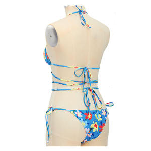 Women's Solid Halter Bandeau Bikini 2-Piece Set with Lace up Front Embroidery <b>Seamless</b> Knitted Blue Stretch Swimwear - Product Image 2