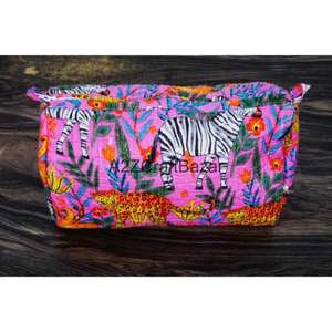 Pochette cosmétique indienne artisanale en coton biologique matelassé, durable, grande, avec fermeture éclair, motif imprimé multicolore - Product Image 4