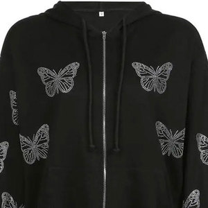 Sweat à capuche zippé personnalisé pour homme, en molleton épais, avec logo et strass noirs style streetwear - Product Image 2