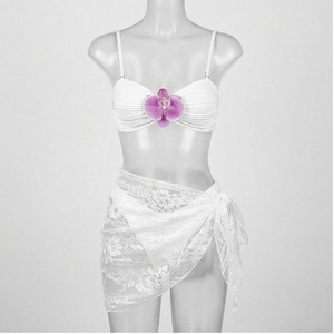White Bandeau <b>Bikini</b> <b>Set</b> With Lace Wrap <b>Skirt</b> And Orchid Flower Decoration Women's Swimwear 2 Piece Asymmetric Design - Product Image 4