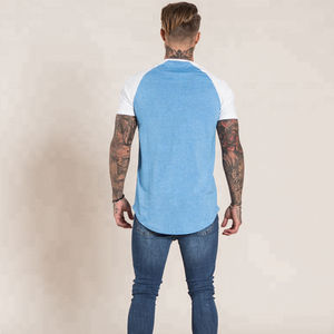 Mens Sky Blue White <b>Raglan</b> Sleeve Color Block Crew Neck Curved Hem Short Sleeve Cotton Casual Summer Fashion <b>Top</b> Custom Logo - Product Image 4