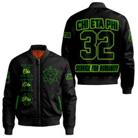Blouson Bomber Homme Chi Eta Phi Noir Vert Imprimé Dessin Animé Col Montant Service for Humanity Fermeture Éclair Avant Style Décontracté