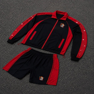 Conjunto Deportivo Elegante para Hombre con Bloques de Color, Chaqueta con Cierre y Pantalones Cortos de Secado Rápido, Poliéster y Spandex, Ropa de Primavera - Product Image 1