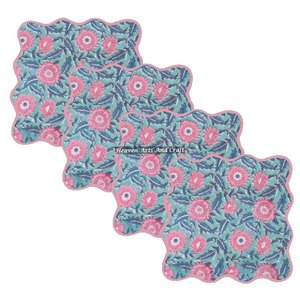 Block Printed Dining Kitchen <b>Mat</b> Set <b>Table</b> Scallop Napkin Set Customizable Square Embroidered Scallops Mix Match Indian Floral - Product Image 1