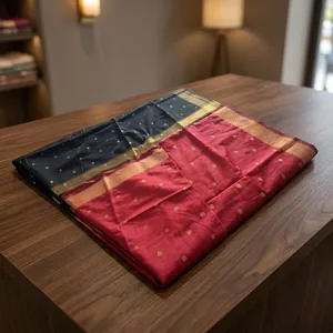 Traditional Handloom <b>Red</b> and Black Sari Indian Ethnic Style Modal Organza Silk Suit for Festivals Parties Soft Affordable - Product Image 6