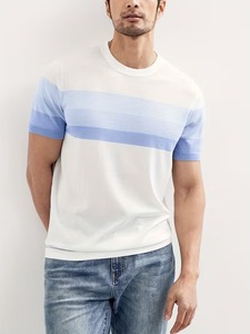 เสื้อยืดผู้ชายพรีเมียม ลายทางสีตัดต่อ ทรงเข้ารูป สไตล์ลำลองหรูหรา แขนสั้น เนื้อผ้ามีเท็กซ์เจอร์ คุณภาพสูง - Product Image 2