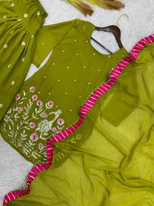 Élégant ensemble dhoti vert olive brodé avec des paillettes et un dupatta de créateur - Product Image 3