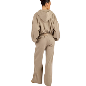 Womens Cropped Full <b>Zip</b> Hooded Tracksuit Set Wide Leg <b>Trousers</b> Elastic Waist Gathered Hem Two Piece Lounge Travel Street Outfits - Product Image 2