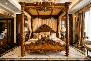 Cama King Size de Lujo Estilo Rococó Francés y Juego de Muebles, Cama con Dosel Dorado de Tallado Elaborado con Mesitas de Noche, Compre una Suite de Dormitorio con Cama de Cuatro Postes - Product Image 6