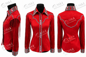 Chemise de cow-boy rouge personnalisée légère avec embellissement par boutons, manches à franges et fermeture éclair haute pour femme, idéale pour l'équitation et le rodéo - Product Image 4