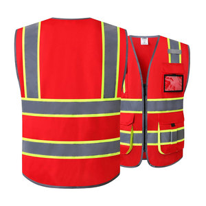 Hi Visibility Red Safety Vest With Reflective Stripes And <b>Multiple</b> Pockets Unisex Polyester Workwear - Product Image 3
