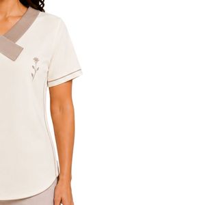 T-shirt asymétrique à col en V pour femme, manches courtes, broderie florale, col contrastant, décontracté, vêtements personnalisés en gros - Product Image 4