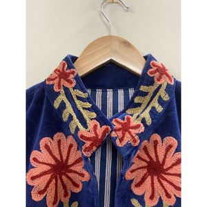 Hand Embroidered Velvet Cotton <b>Jacket</b> Women Mandarin Collar Full Sleeve Winter Bohemian Eye Pattern Open Front Coat - Product Image 3