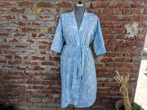 Unisex Hand Block Printed Cotton <b>Kimono</b> Breathable Indian Flower Dressing for <b>Beach</b> Cover Drawstring Robe Closure for Women - Product Image 4