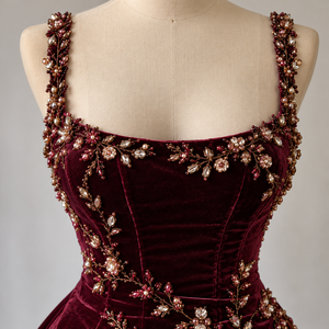 <b>Burgundy</b> <b>Velvet</b> Evening <b>Dress</b> Sleeveless Square Neck Rhinestone Floral Slip <b>Dress</b> for Party Wedding - Product Image 2
