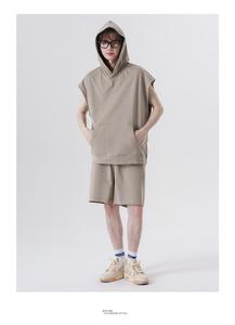 Sleeveless 275 GSM Knitted 100% Cotton Breathable Print Demand Oversized Plus Size Streetwear Hooded OEM Custom <b>Men</b> Short Sets - Product Image 3