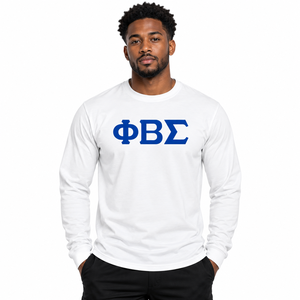 Phi Beta Sigma <b>White</b> <b>Long</b> <b>Sleeve</b> <b>T</b> <b>Shirt</b> with Royal Blue Greek Letter Chest Print O Neck Ribbed Cuffs Unisex Greek Fraternity - Product Image 1