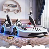 Lit pour enfant style course avec cadre en bois massif, revêtement en cuir PU, haut-parleur Bluetooth LED et rangement, mobilier de chambre d'enfant