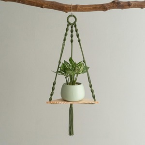 Artistic Green Macrame Wall Hanging Shelf With Wooden Base Showcase For Vases Dried Flowers And <b>Decorative</b> Pieces From India - Product Image 6