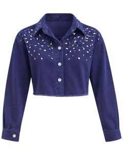 Custom Navy Blue Women Cropped Denim <b>Jacket</b> With <b>Rhinestone</b> Studded Front Button Closure Long Sleeve Fashion Streetwear Top - Product Image 1