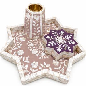 Juego de bandejas de estrella de nácar rosa |   Caja de Bakhoor Madkhan Oud Hecha a Mano |   Decoración de Lujo para el Majlis del Golfo y los Emiratos Árabes Unidos, Regalo para Ramadán y Eid - Product Image 2