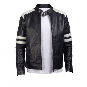 <b>Men's</b> Black PU Leather Moto <b>Jacket</b> With White Stripes Stand Collar Zipper Closure Slim Fit Autumn Style - Product Image 1