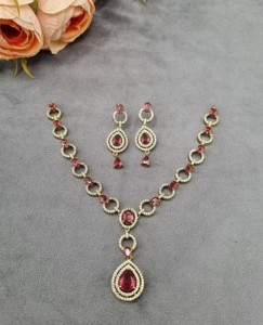 Oval <b>Link</b> Chain Necklace With Pear Drop Halo Pendant & Matching Earring Elegant American Diamond Jewelry Set for Women Wholesale - Product Image 6
