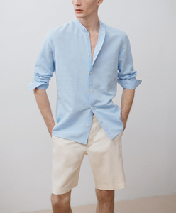 Custom Design Men's 100% French <b>Linen</b> Collarless 1/2 Button <b>Shirt</b> Breathable Casual Style Smart Casual <b>Summer</b> Season Plain Dyed - Product Image 6