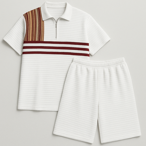 Ensemble polo et short côtelé 2 pièces personnalisé pour homme – Tenue coordonnée décontractée d'été avec col zippé – Style streetwear - Product Image 5