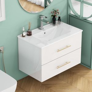 30-Inch White Gloss Wall-Mounted <b>Bathroom</b> <b>Vanity</b> with Double Drawers Ceramic Sink Long Metal Handle Easy Installation - Product Image 4
