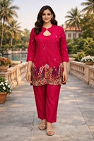 Ensemble Kurti et pantalon en coton et soie brodé pour femme – Tenue ethnique de créateur avec points de chaînette