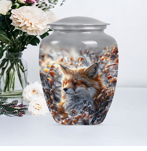 โกศสีเทาอ่อนที่มีลวดลายสุนัขจิ้งจอกสีแดงที่สงบอยู่ในฉากป่าที่ปกคลุมด้วยหิมะและสีทอง มีจำหน่ายในราคาขายส่ง - Product Image 1