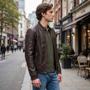 Chaqueta de Cuero Marrón para Hombre, Cuello Alto, Cierre de Cremallera, Estilo Motero, para Otoño - Product Image 6