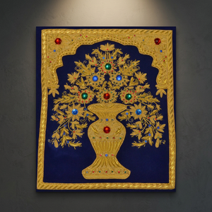 Custom Embroidered Sew-On Badge With Gold <b>Vase</b> And Floral Design On Navy Fabric For Decoration - Product Image 3