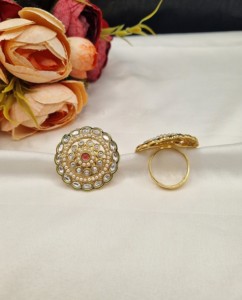 Handcrafted Circular Gold Plated Kundan Pearl Cluster <b>Adjustable</b> <b>Rings</b> For Women Bridal Party Ethnic Festive Wear <b>Ring</b> Wholesale - Product Image 3
