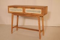 Table console moderne en teck massif et rotin avec 2 tiroirs, finition naturelle, assemblage complet pour salon, chambre et appartement