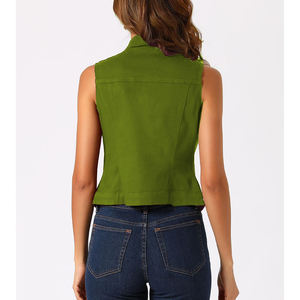 Women's <b>Green</b> Denim Vest O-Neck Single Breasted Button Closure Casual Outerwear Regular Length Solid Color Vintage <b>Lace</b> - Product Image 2