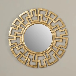 Fabulous Quality Round <b>Gold</b> Metal Wall <b>Mirror</b> With Geometric Art Deco <b>Frame</b> Decorative Accent - Product Image 1
